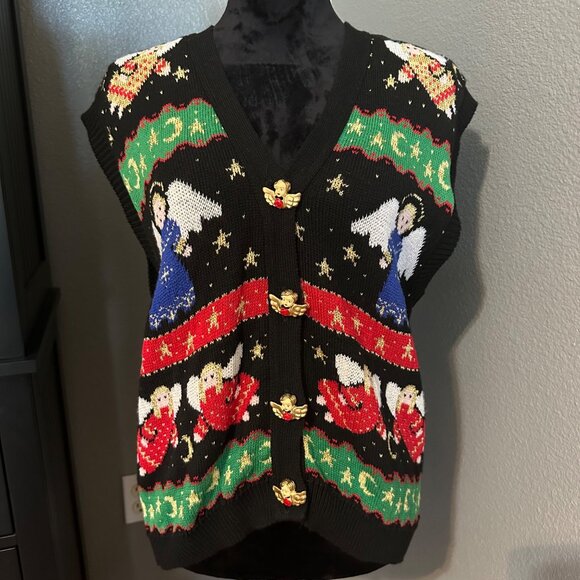 VTG Sweater Loft Christmas Vest Womens L Black Angel Holiday Ugly Sweater USA - Picture 1 of 11